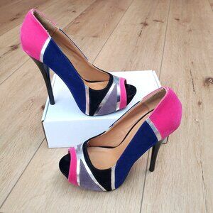Shi by Journeys Platform Peep Toe Velvet 5 Inch Heels Size 7.5 READ Pink Blue